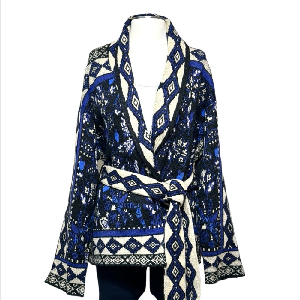 FARM Rio Blue Black Cream Patterned Belted Cardigan